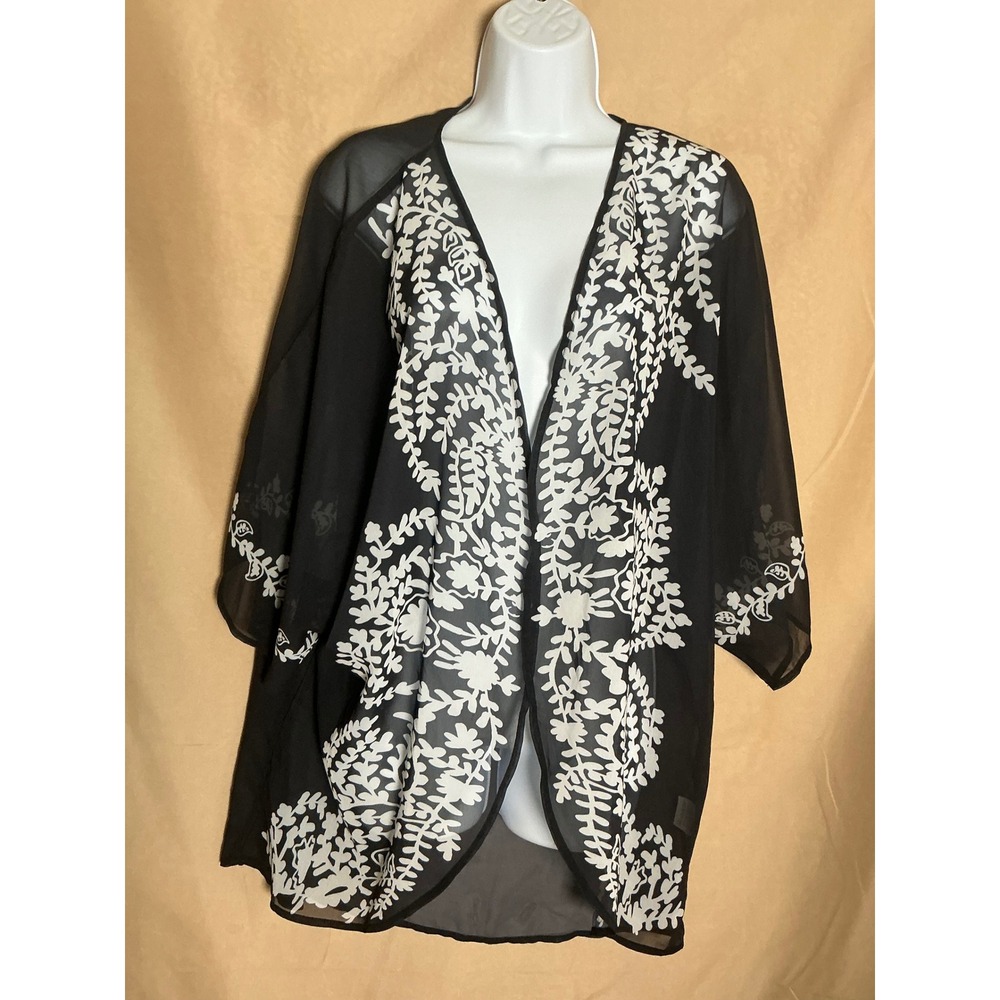 Kimono Cardigan Women 2XL Black Excellent Sheer Floral Vine Open Front